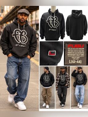 Description
Classic FUBU black pullover hoodie featuring the iconic oversized